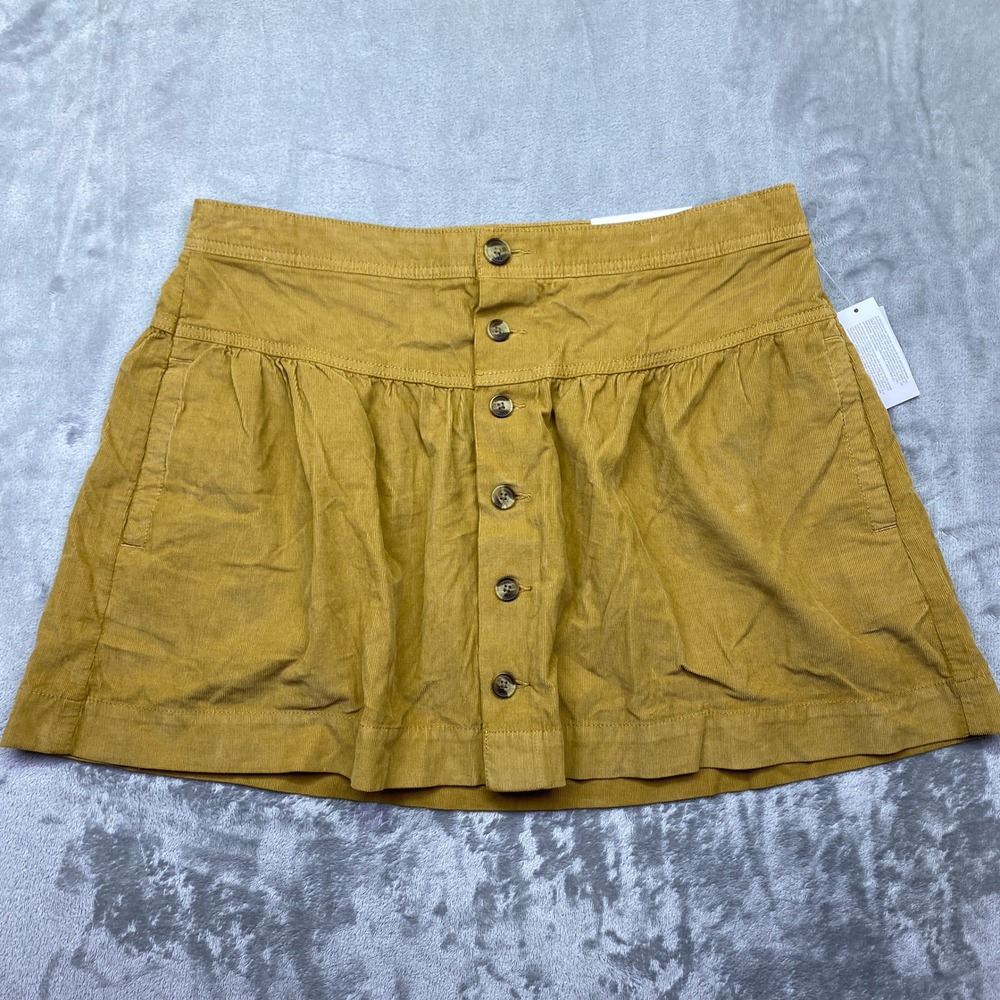 American Eagle Super Hi-Rise Tiered Mini Skirt Corduroy Button‎ Front Mustard 14